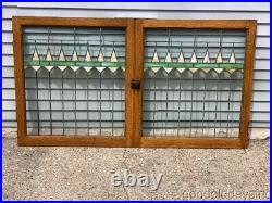 Antique Pair of Oak Stained Leaded Glass Cabinet Door / Window 32 by 29