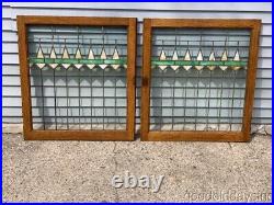 Antique Pair of Oak Stained Leaded Glass Cabinet Door / Window 32 by 29