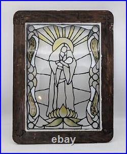 Antique Religious Stained Glass Window Hand Painted Mary Jesus Wood Frame Art Antique Religious Stained Glass Window Hand Painted Mary Jesus Wood Frame Art