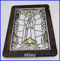 Antique Religious Stained Glass Window Hand Painted Mary Jesus Wood Frame Art Antique Religious Stained Glass Window Hand Painted Mary Jesus Wood Frame Art