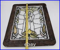 Antique Religious Stained Glass Window Hand Painted Mary Jesus Wood Frame Art Antique Religious Stained Glass Window Hand Painted Mary Jesus Wood Frame Art