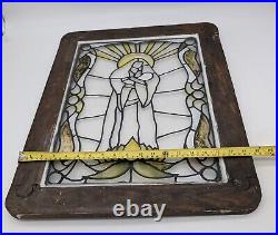 Antique Religious Stained Glass Window Hand Painted Mary Jesus Wood Frame Art Antique Religious Stained Glass Window Hand Painted Mary Jesus Wood Frame Art