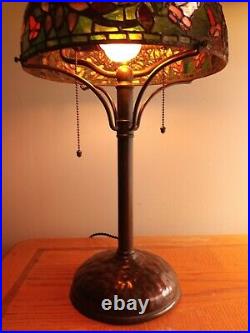 Antique Riviere Red Trumpet Vine Leaded Glass Lamp Riviere Bronze Base Handel