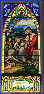 Antique STAINED LEADED GLASS CHURCH WINDOW drapery GLASS (Jesus with Children)