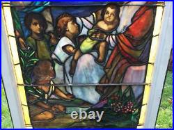Antique STAINED LEADED GLASS CHURCH WINDOW drapery GLASS (Jesus with Children)