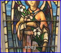 Antique STAINED LEADED GLASS CHURCH WINDOW drapery GLASS WINGED ANGEL