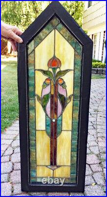 Antique STAINED LEADED GLASS WINDOW PEAKED FRAME 44.5 BY 16