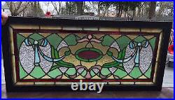 Antique STAINED LEADED TRANSOM WINDOW With BOWS & RIBBONS