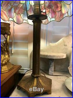 Antique Scalloped Colorful Leaded Glass Table Lamp on Art Deco Base