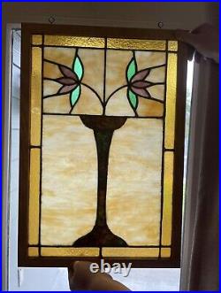 Antique Slag Glass Window With Vase Of Flowers