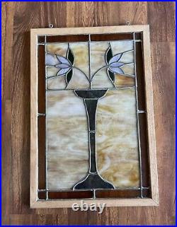 Antique Slag Glass Window With Vase Of Flowers