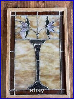 Antique Slag Glass Window With Vase Of Flowers