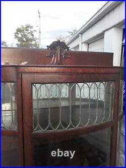 Antique Solid Oak Curved Glass China Cabinet Lead Gls Top