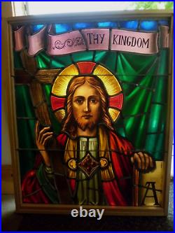 Antique Stained Glass Church Window Head of Jesus Christ Oak Frame 37H