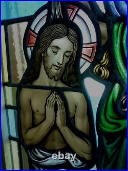 Antique Stained Glass Church Window Jesus Christ John the Baptist Oak Frame 38H