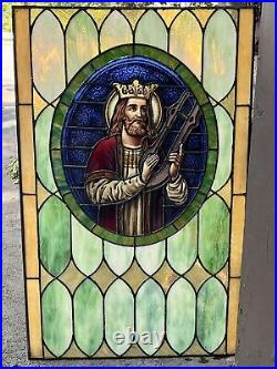 Antique Stained Glass Church Window King David Kiln Fired, Leaded, Wavy Glass