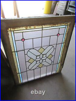 Antique Stained Glass Window 6 Jewels 28.5 X 33.5 Architectural Salvage
