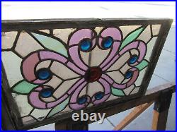 Antique Stained Glass Window 9 Jewels 22.75 X 15.25 Architectural Salvage