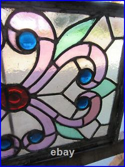 Antique Stained Glass Window 9 Jewels 22.75 X 15.25 Architectural Salvage