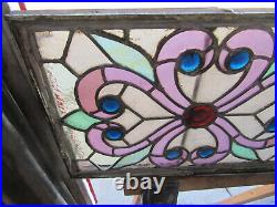 Antique Stained Glass Window 9 Jewels 22.75 X 15.25 Architectural Salvage