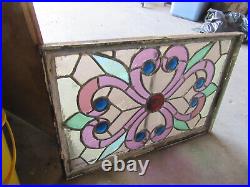 Antique Stained Glass Window 9 Jewels 22.75 X 15.25 Architectural Salvage