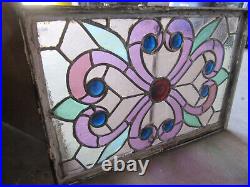 Antique Stained Glass Window 9 Jewels 22.75 X 15.25 Architectural Salvage