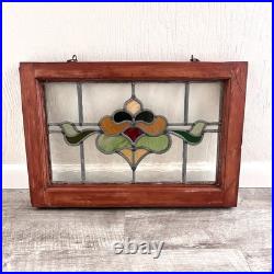 Antique Stained Glass Window Original Wood Casing Simple Flower Design Wood Antique Stained Glass Window Original Wood Casing Simple Flower Design Wood