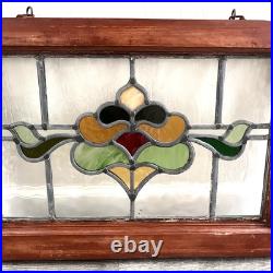 Antique Stained Glass Window Original Wood Casing Simple Flower Design Wood Antique Stained Glass Window Original Wood Casing Simple Flower Design Wood