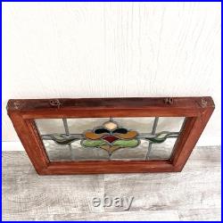 Antique Stained Glass Window Original Wood Casing Simple Flower Design Wood Antique Stained Glass Window Original Wood Casing Simple Flower Design Wood