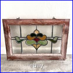 Antique Stained Glass Window Original Wood Casing Simple Flower Design Wood Antique Stained Glass Window Original Wood Casing Simple Flower Design Wood