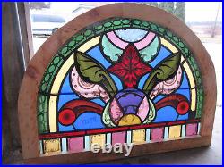 Antique Stained Glass Window Painted Kiln Fired 38 X 28 Architectural Salvage