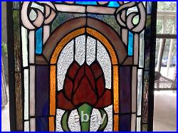 Antique Stained Glass Window Panel Art Nouveau Leaded Handmade Tulip Flower