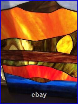 Antique Stained Glass Window Panel Mountain Forest Lake Scene Vibrant 20Hx16L