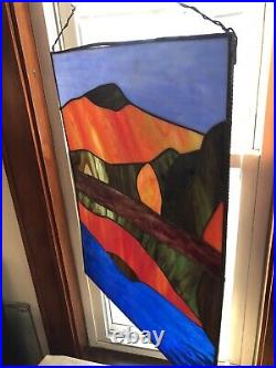 Antique Stained Glass Window Panel Mountain Forest Lake Scene Vibrant 20Hx16L