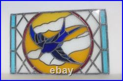 Antique Stained Glass Window Panel Old Bird Flowers Vintage 26x17