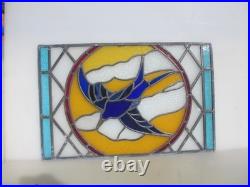 Antique Stained Glass Window Panel Old Bird Flowers Vintage 26x17