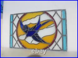 Antique Stained Glass Window Panel Old Bird Flowers Vintage 26x17