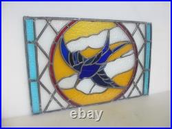 Antique Stained Glass Window Panel Old Bird Flowers Vintage 26x17