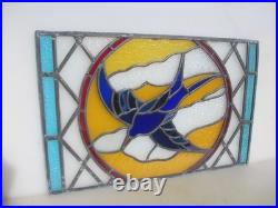 Antique Stained Glass Window Panel Old Bird Flowers Vintage 26x17