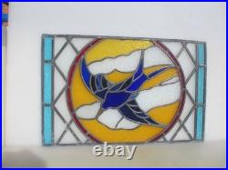 Antique Stained Glass Window Panel Old Bird Flowers Vintage 26x17