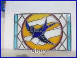 Antique Stained Glass Window Panel Old Bird Flowers Vintage 26x17