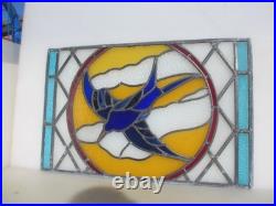 Antique Stained Glass Window Panel Old Bird Flowers Vintage 26x17