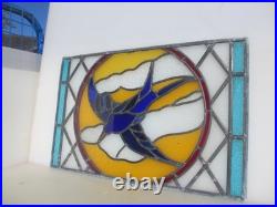 Antique Stained Glass Window Panel Old Bird Flowers Vintage 26x17