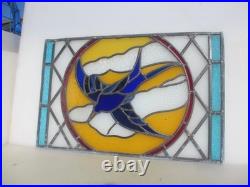 Antique Stained Glass Window Panel Old Bird Flowers Vintage 26x17
