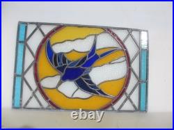 Antique Stained Glass Window Panel Old Bird Flowers Vintage 26x17