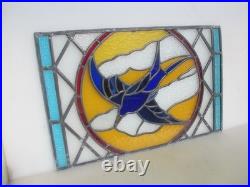 Antique Stained Glass Window Panel Old Bird Flowers Vintage 26x17