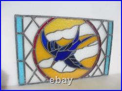 Antique Stained Glass Window Panel Old Bird Flowers Vintage 26x17