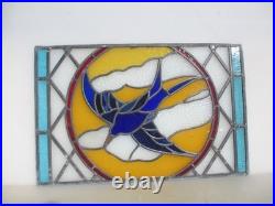Antique Stained Glass Window Panel Old Bird Flowers Vintage 26x17