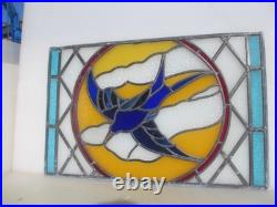 Antique Stained Glass Window Panel Old Bird Flowers Vintage 26x17