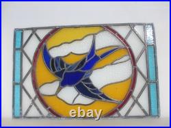 Antique Stained Glass Window Panel Old Bird Flowers Vintage 26x17